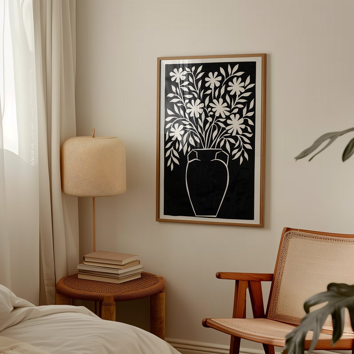 White Flower Vase Silhouette On Black Background Minimalist Wall Art - Image 3