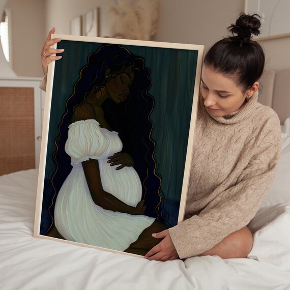 Elegant Pregnant Black Woman White Dress Maternity Art Poster