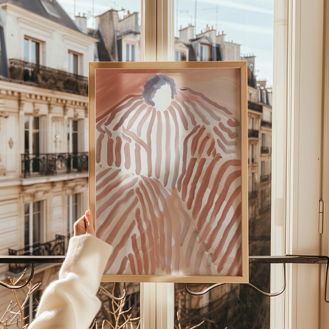 Faceless Woman in Terracotta Striped Dress Minimal Figure Poster - Image 3