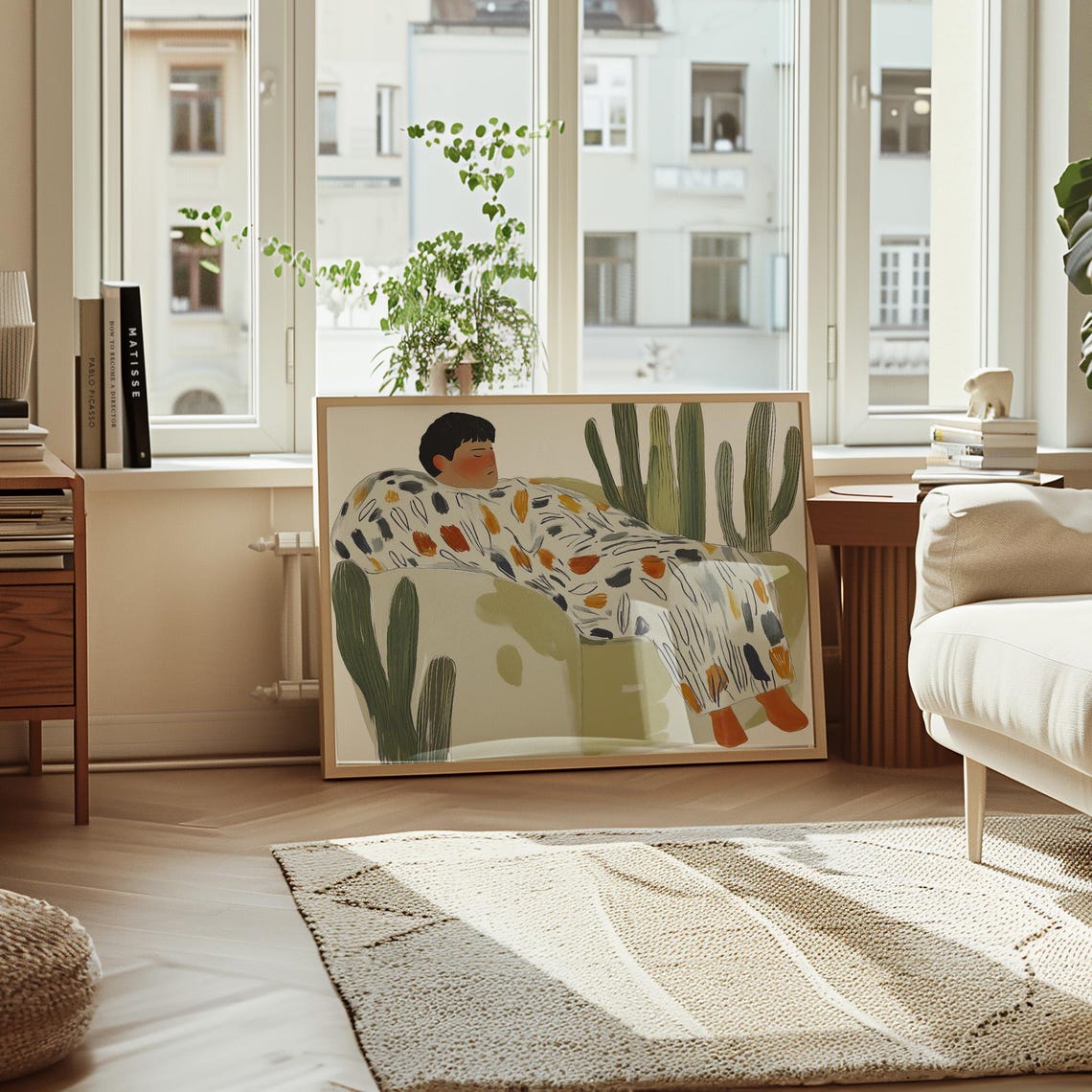 Person Resting on Green Couch Surrounded by Tall Cacti Poster - Image 2