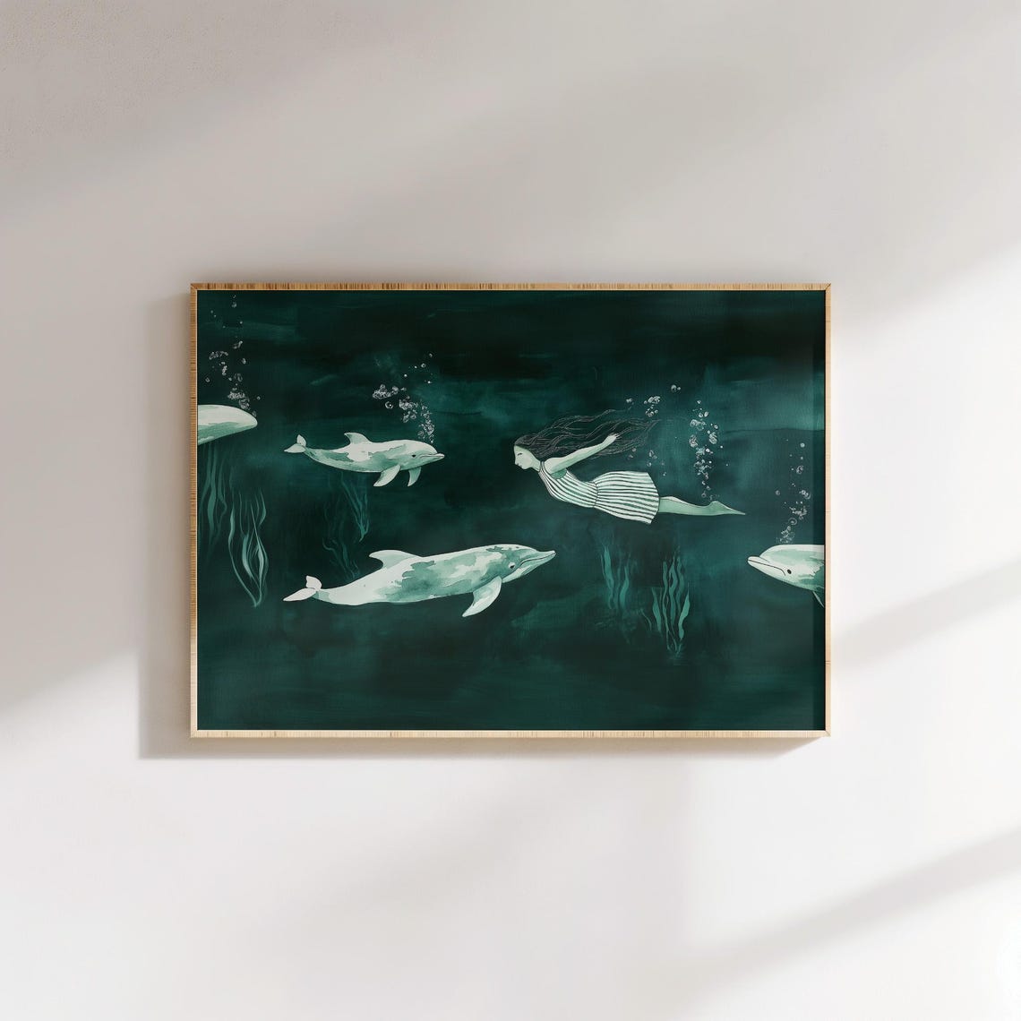 Emerald Green Dolphins and Swimmer Underwater Illustration Poster - Image 2
