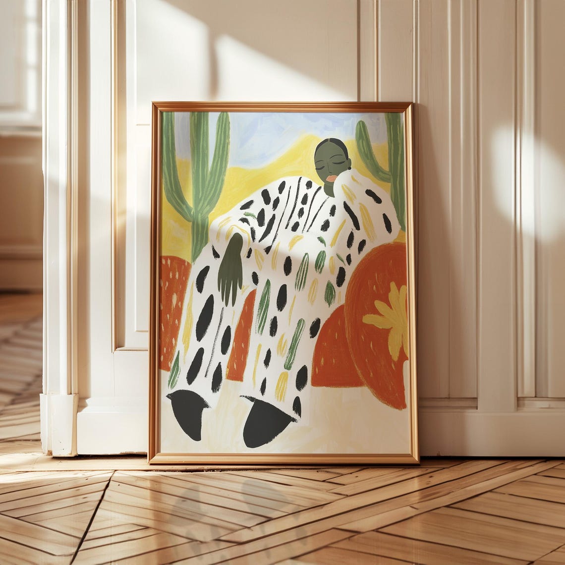 Lounging Figure in a Cactus Desert with Earthy Brushstrokes Poster