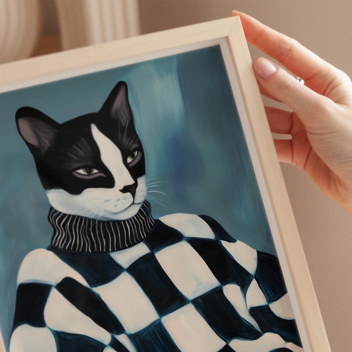 Tuxedo Cat in a Checkered Sweater Whimsical Pet Portrait Poster - Image 2