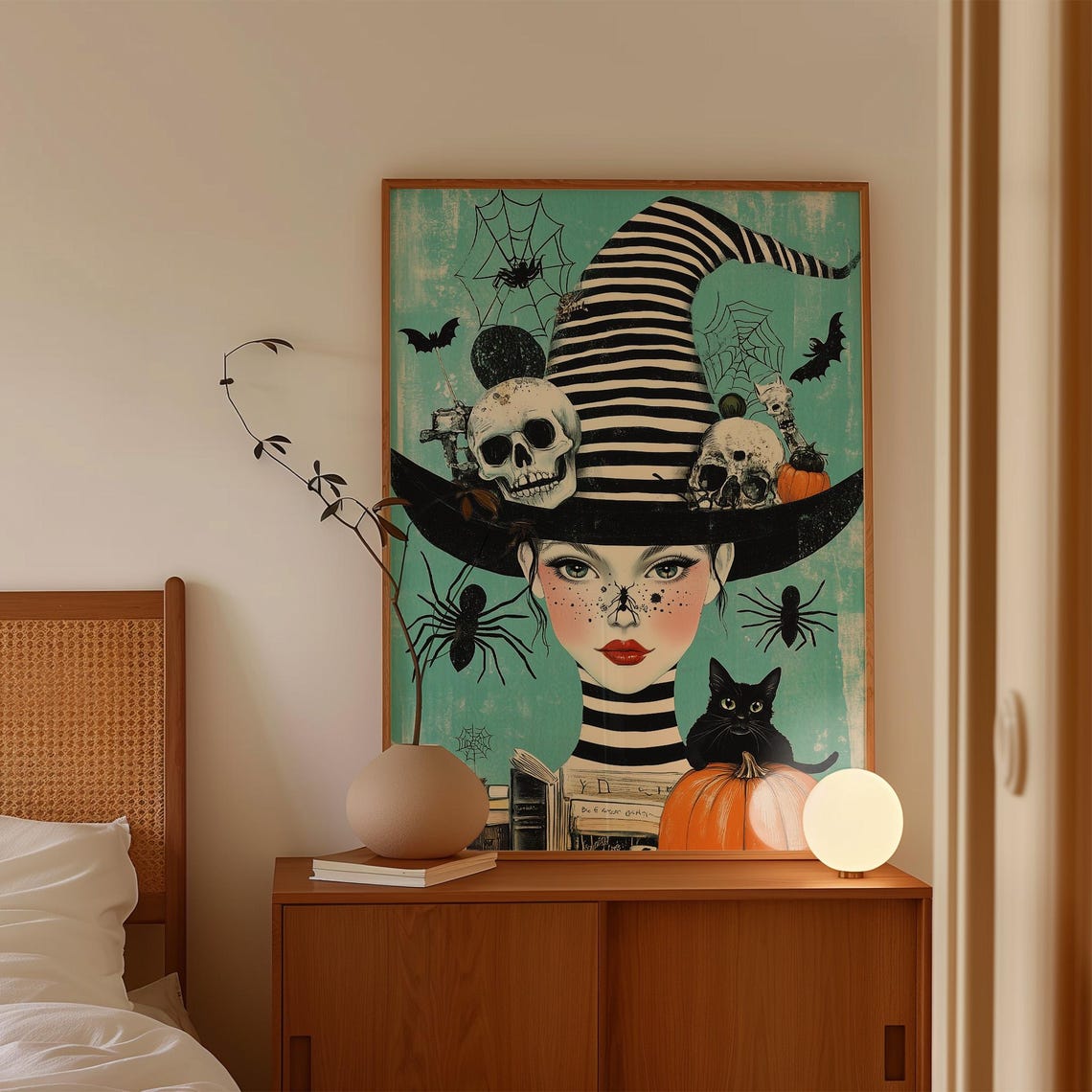 Whimsical Striped Hat Witch with Skulls Cats and Pumpkins Poster - Image 4