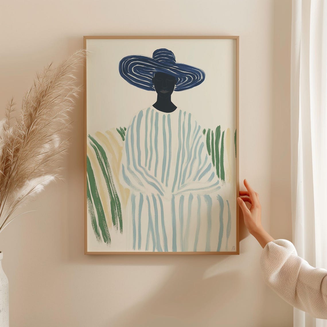 Woman Blue Striped Sun Hat Summer Minimalist Portrait Poster - Image 2