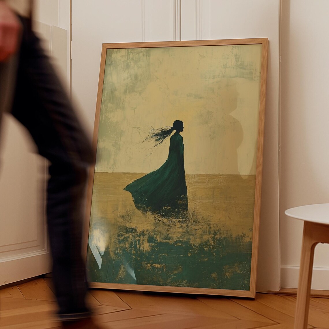 Green Dress Woman Silhouette Wind Minimalist Art Painting Poster