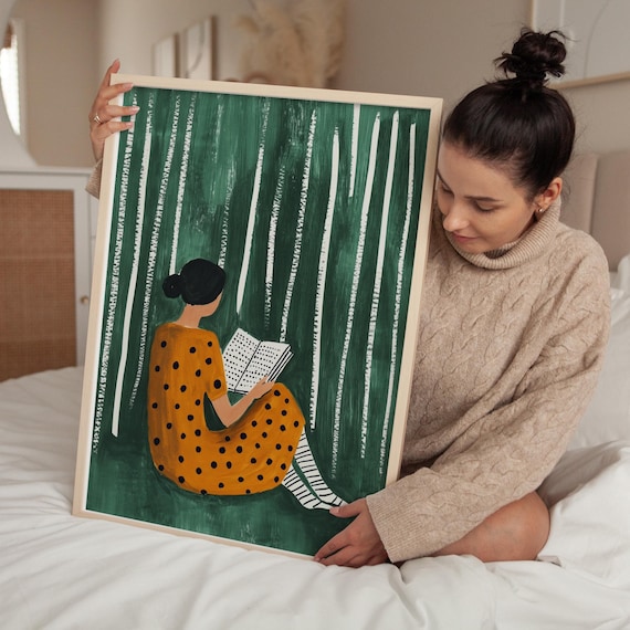 Reading In The Forest Art Print Modern Minimalist Illustration Woman In Polka Dot Dress Cozy Reading Nook Decor Nature Inspired Wall Art