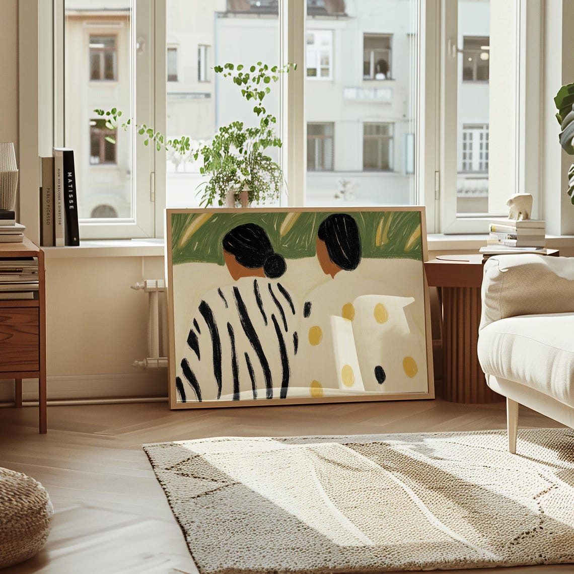 Two Women Back View Zebra Stripes and Polka Dots Green Abstract Poster - Image 3
