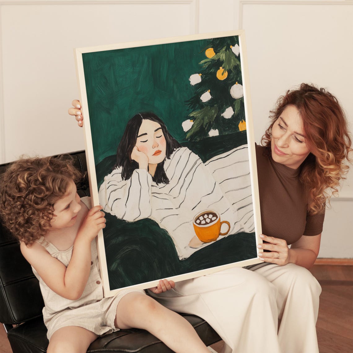 Cozy Woman Wrapped in a Blanket With Hot Cocoa by the Tree Poster - Image 2