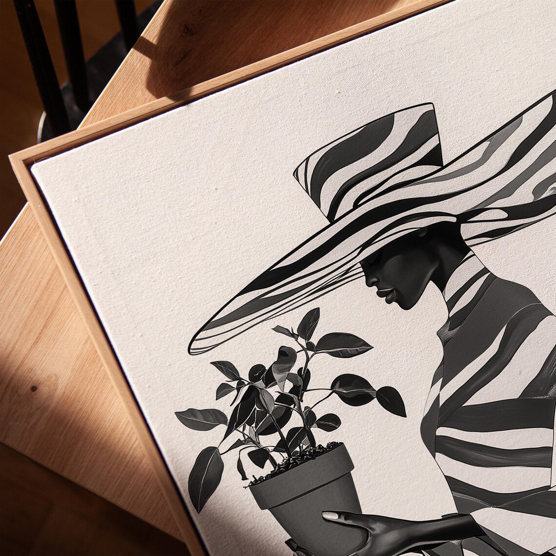 Woman Striped Sun Hat Potted Plant Black White Fashion Poster - Image 3