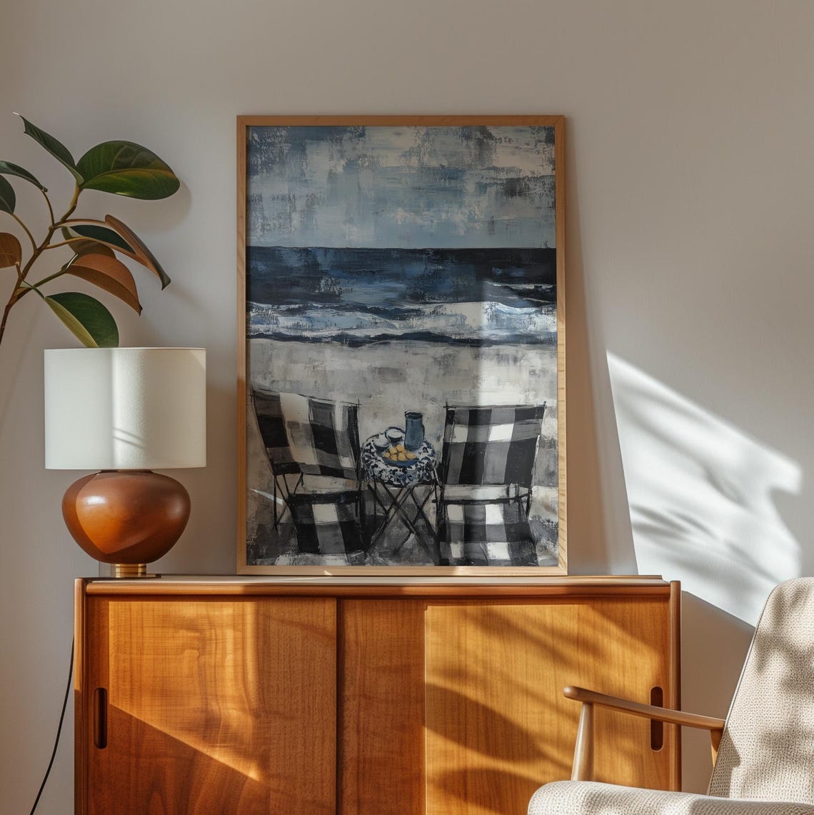 Abstract Beach Scene Checkered Chairs Coastal Impressionist Art Poster - Image 3