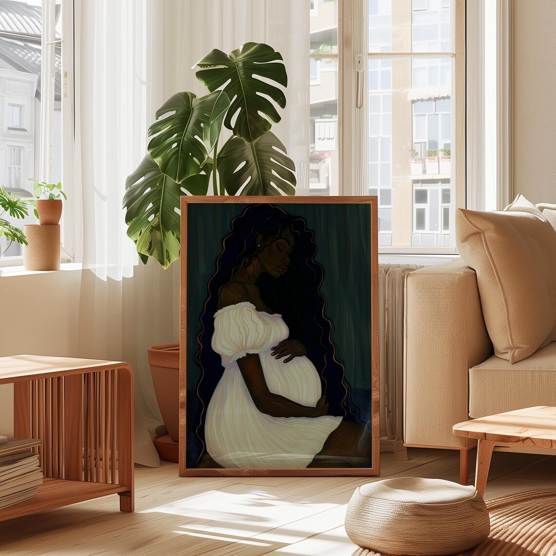 Elegant Pregnant Black Woman White Dress Maternity Art Poster - Image 2