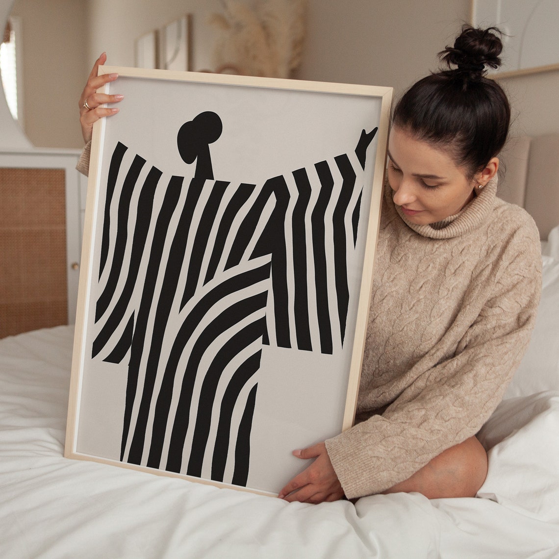 Black and White Abstract Woman With Flowing Striped Lines Poster