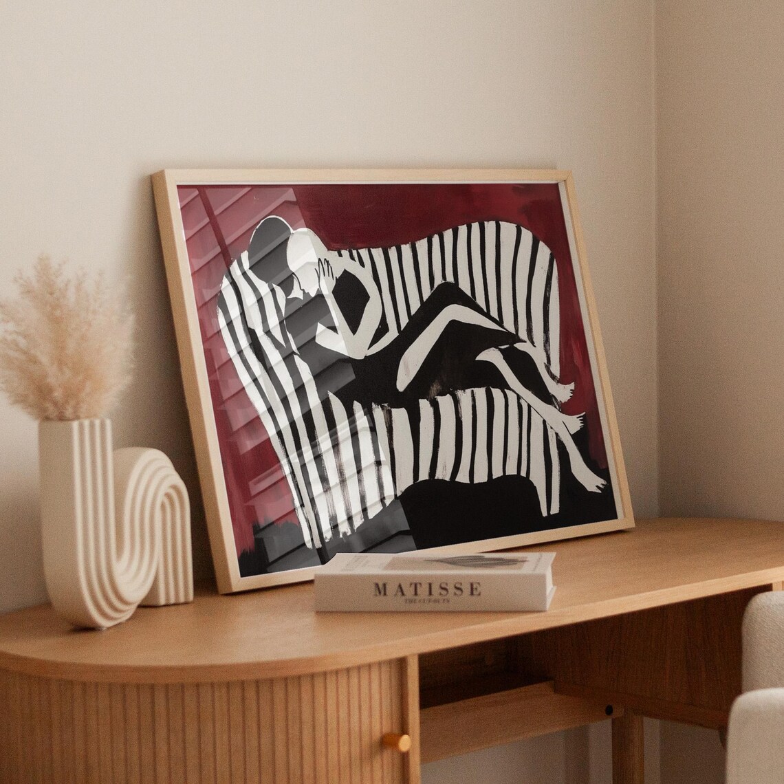 Abstract Couple Embrace Striped Lovers Burgundy Painting Style Poster - Image 4