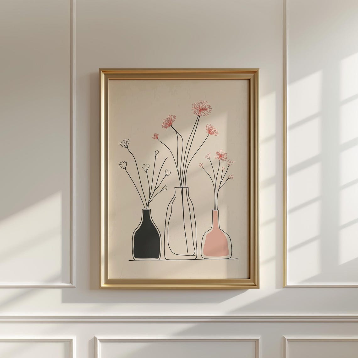 Minimalist Vases With Delicate Pink Flowers Line Art Beige Poster - Image 3