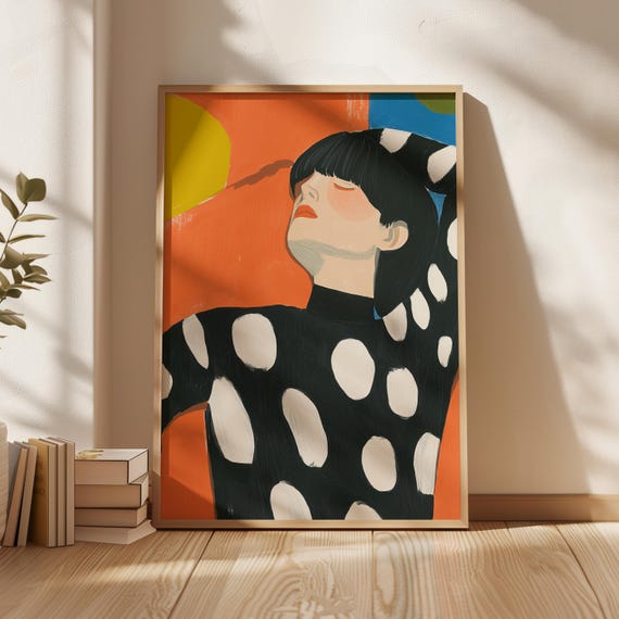 Bold Polka Dot Portrait Print Abstract Woman Wall Art Modern Minimalist Illustration Vibrant Orange And Blue Decor Fashion Inspired Art