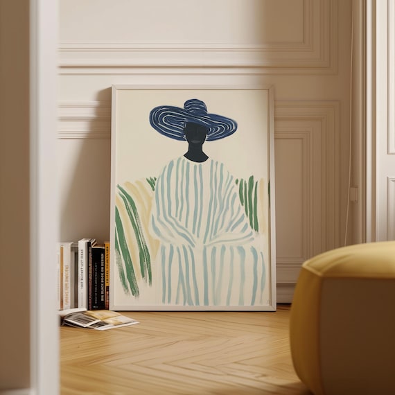 Woman Blue Striped Sun Hat Summer Minimalist Portrait Poster