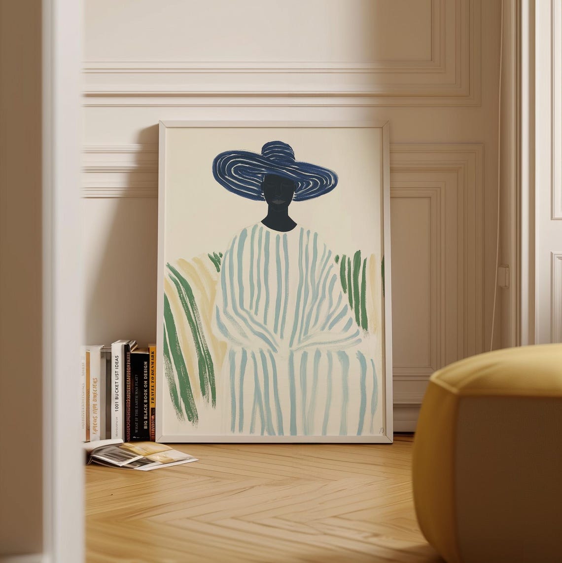 Woman Blue Striped Sun Hat Summer Minimalist Portrait Poster