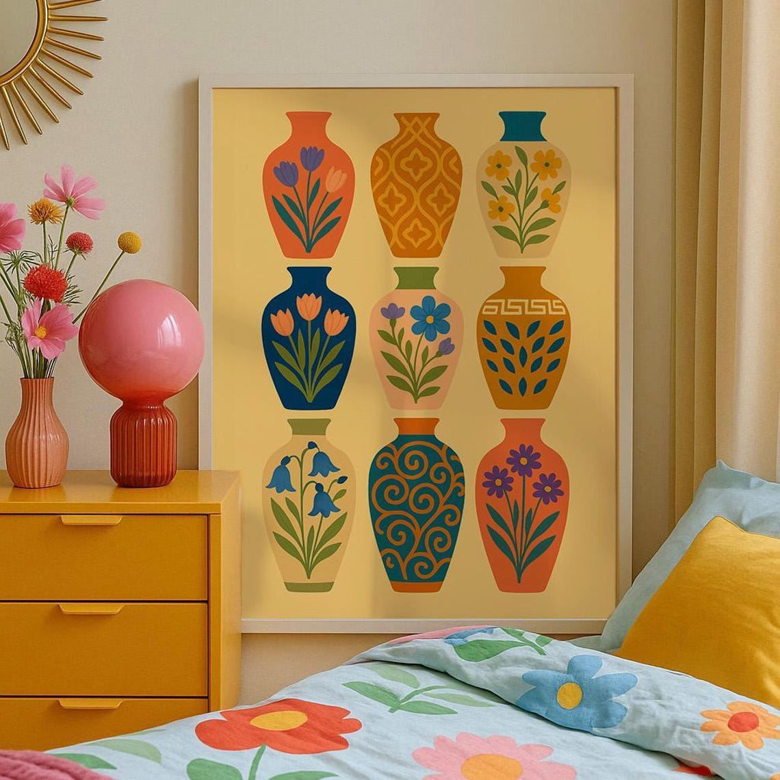 Retro Folk Art Vases Poster Warm Yellow Botanical Flower Pot Decor
