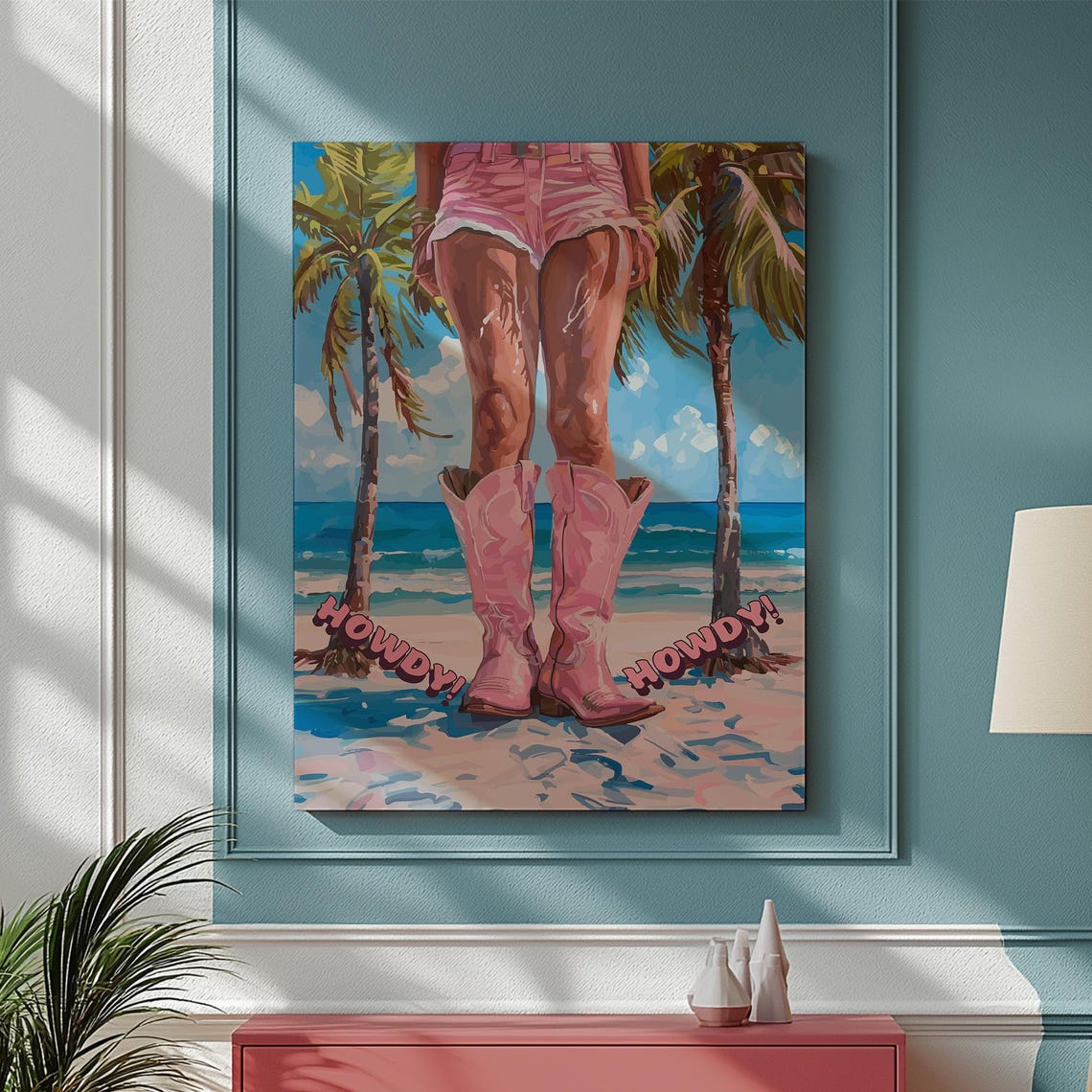 Howdy Pink Cowboy Boots Tropical Beach Coastal Cowgirl Wall Poster