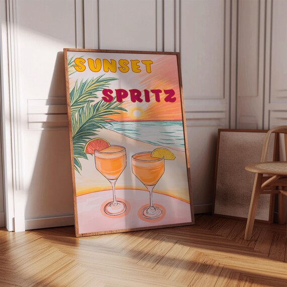 Sunset Spritz Beach Cocktail Retro Tropical Bar Decor Poster