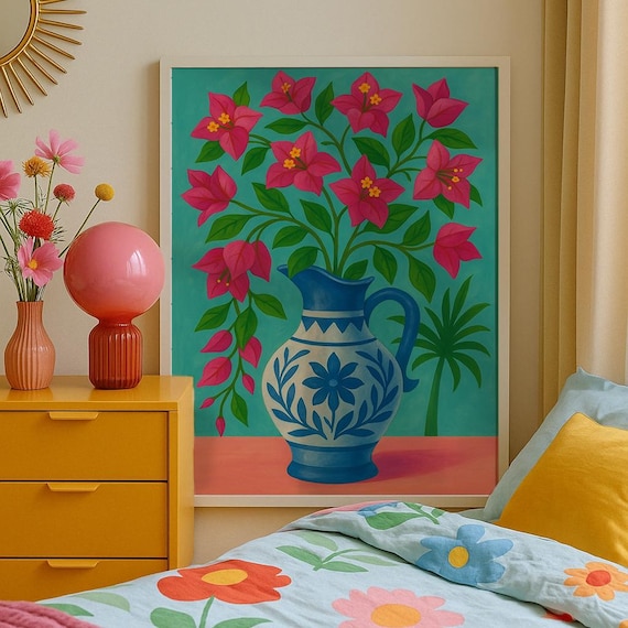 Pink Bougainvillea Blossoms Blue Folk Pitcher Summer Floral Poster