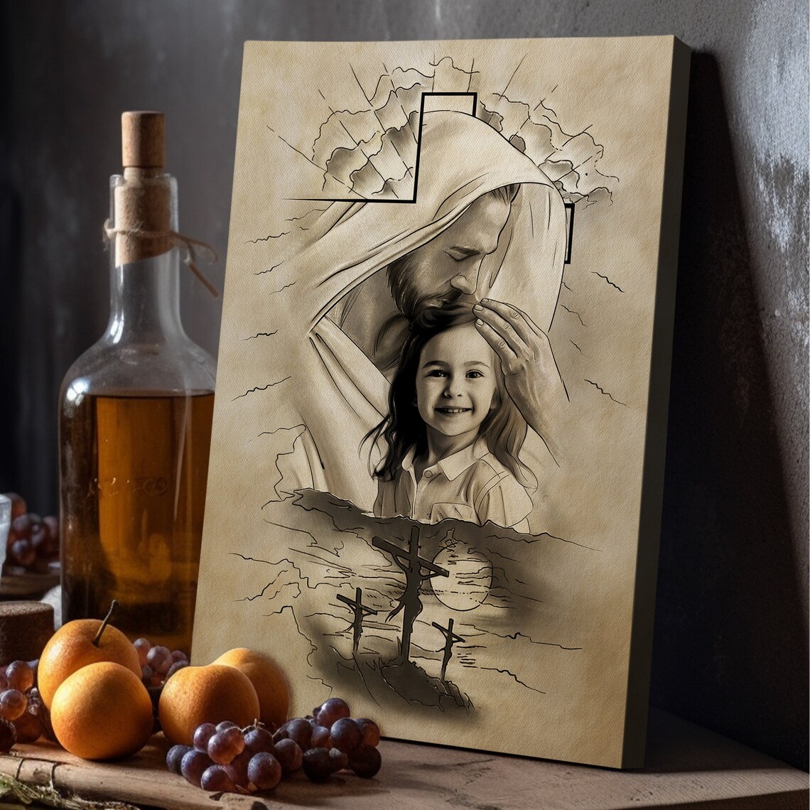Custom Child Photo with Jesus Blessing Sketch Portrait Wall Poster - Image 5
