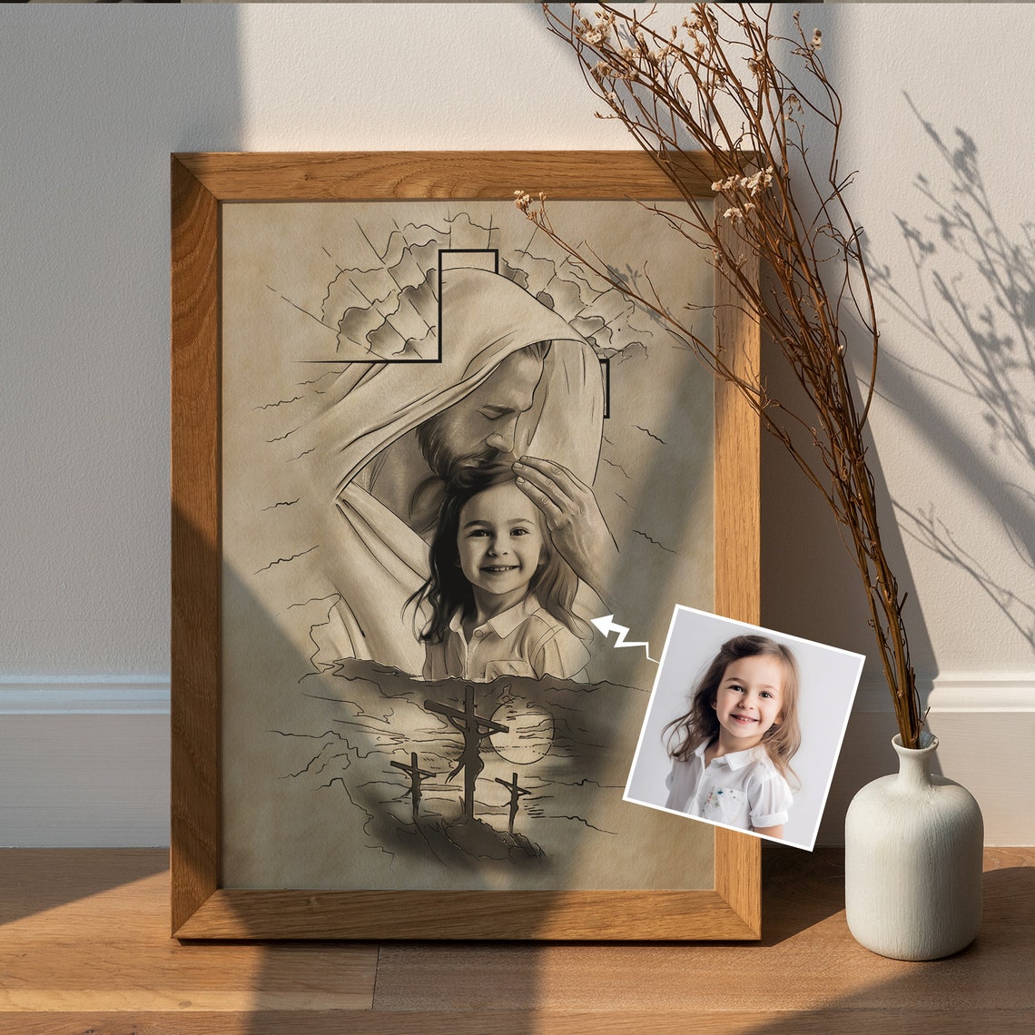 Custom Child Photo with Jesus Blessing Sketch Portrait Wall Poster