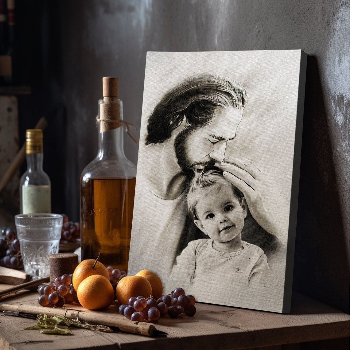 Jesus Embracing a Little Child in Black and White Pencil Sketch Poster - Image 4