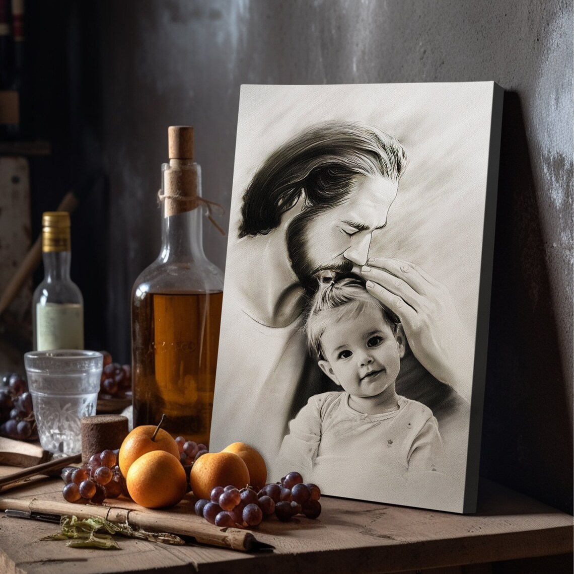 Personalized Jesus Holding Baby Your Child Safe In The Arms Of God Wall Art Child And God Pencil Hand Drawing Christ And Baby - Image 4