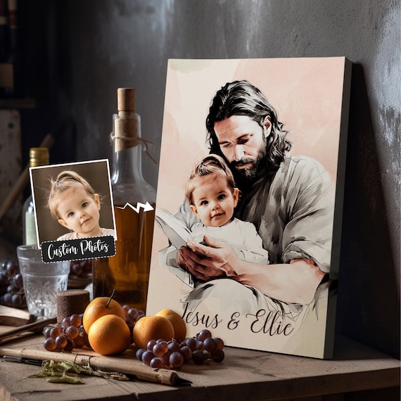 Jesus Reading to Little Ellie Ink Watercolor Personalized Memorial Poster