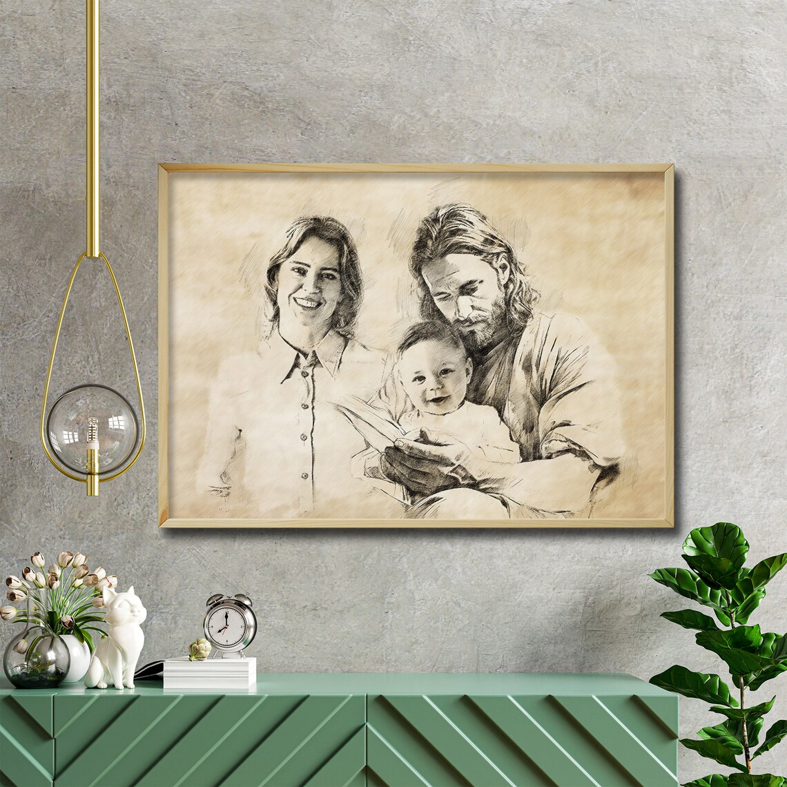 Custom Pencil Sketch of Mom Baby and Jesus Reading Together Wall Art - Image 2