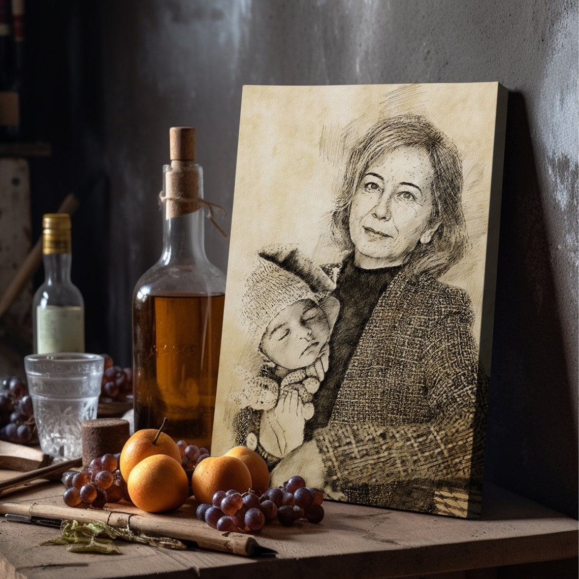 Add Deceased Loved Files Pencil Portrait With Grandmother Combine Images Merge Personalized Portrait Pencil Hand Drawing - Image 3