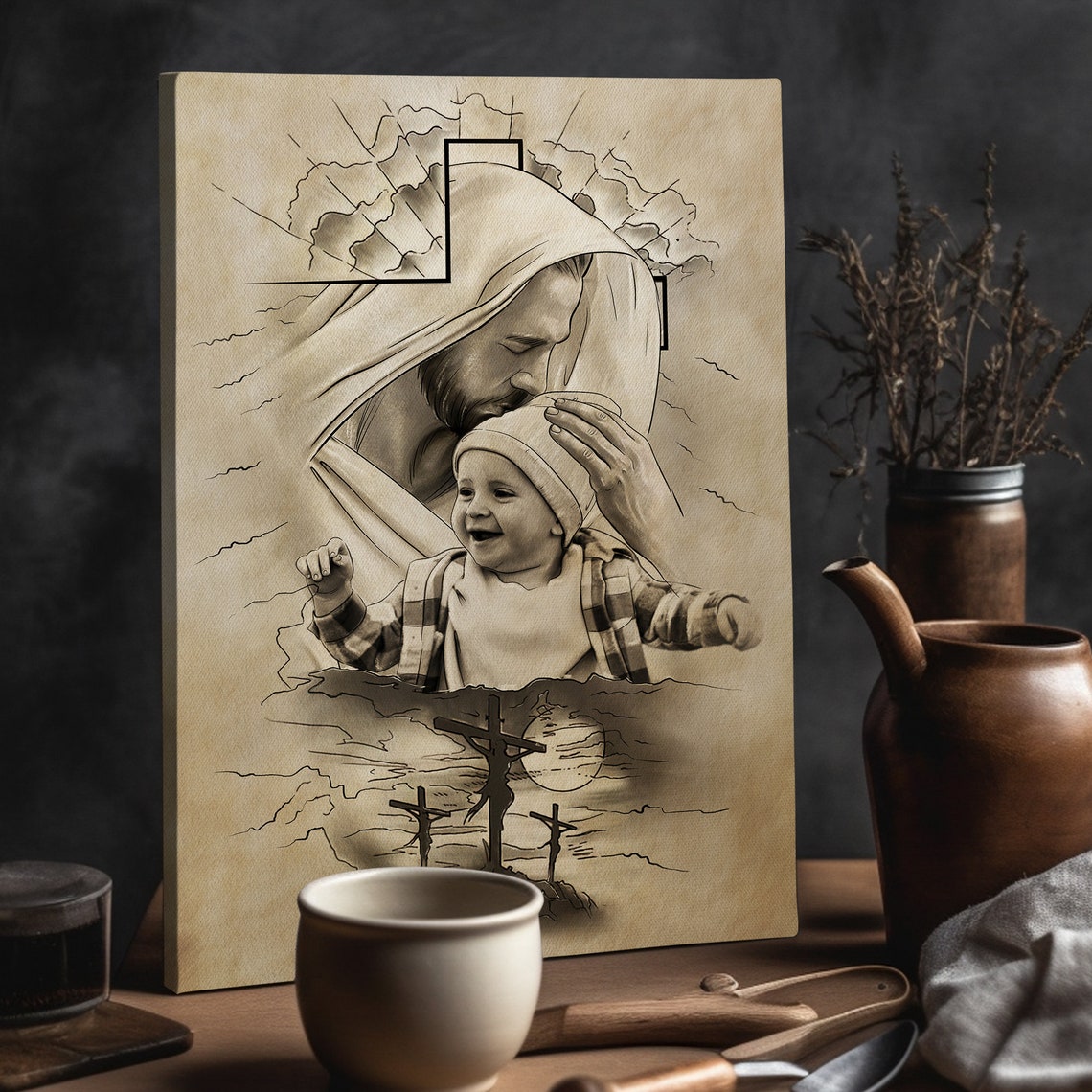 Add Your Child To Safe In The Arms Of God Portrait Art File Child And God Pencil Portrait Jesus Hugging Child Art - Image 6
