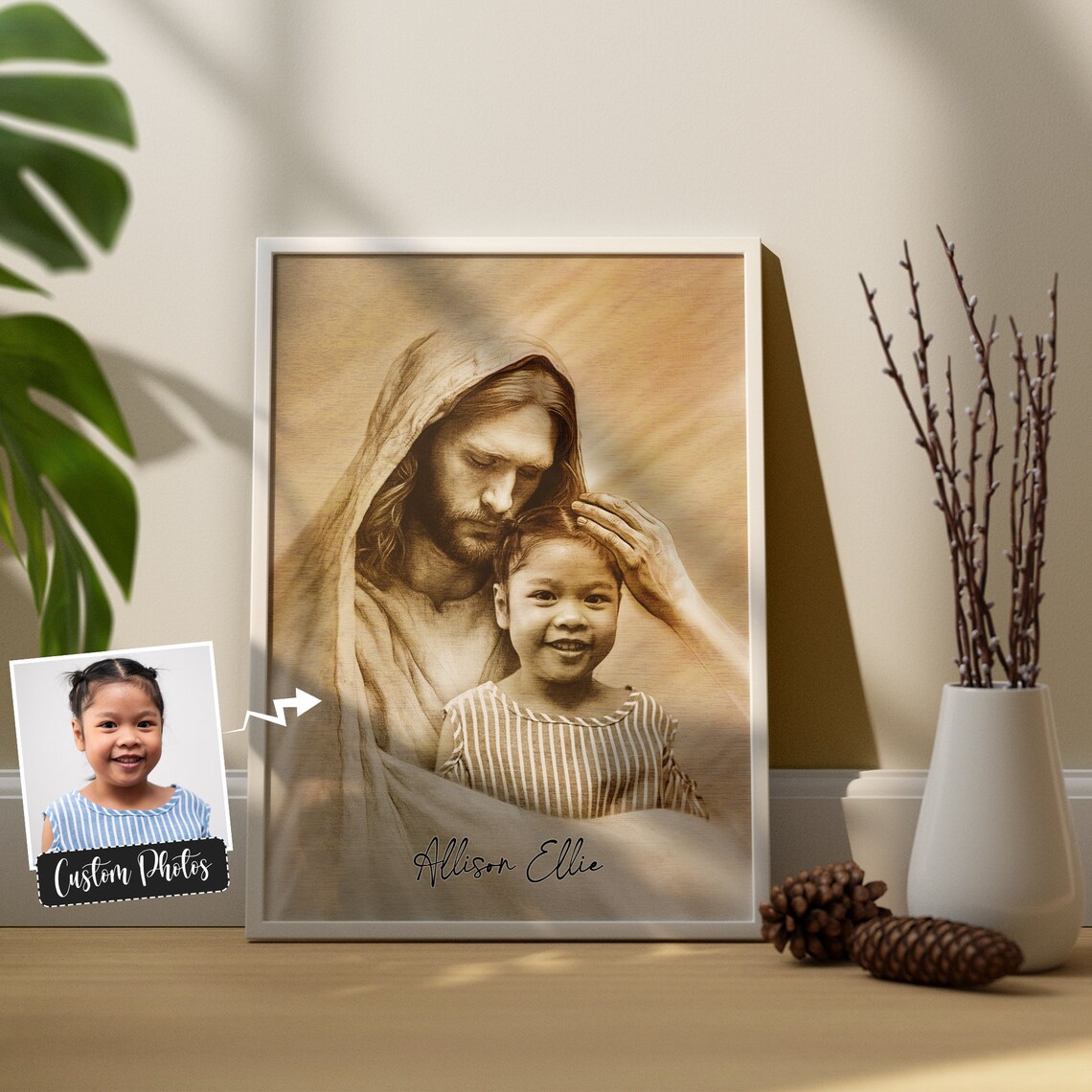 Jesus Blessing Little Boy Sepia Custom Photo Portrait Poster - Image 3