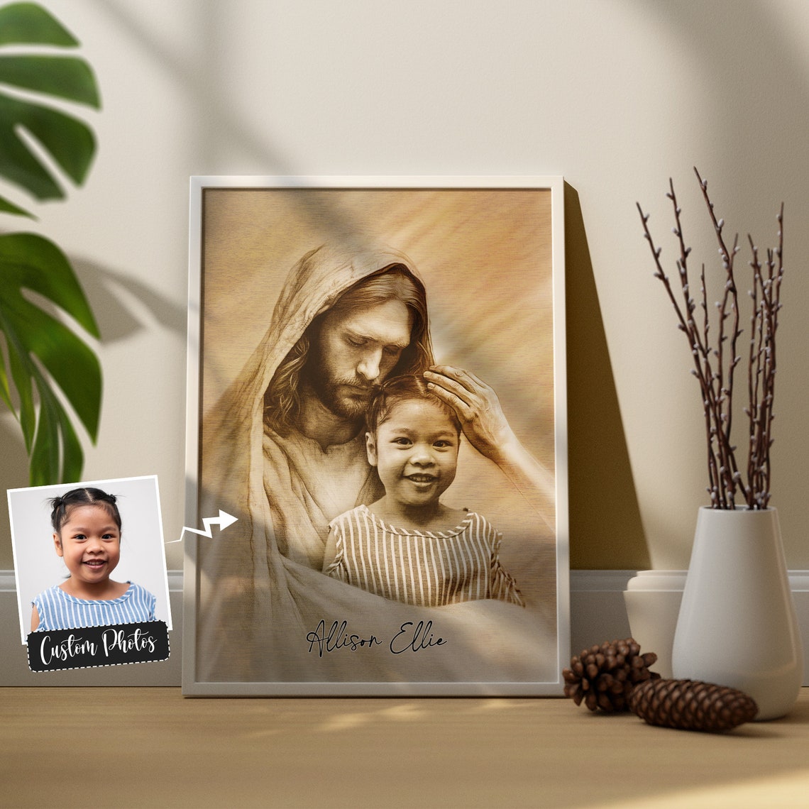 Personalized Your Child Safe In The Arms Of God Child And God Pencil Portrait Jesus Holding Baby Wall Art Christ And Baby - Image 3