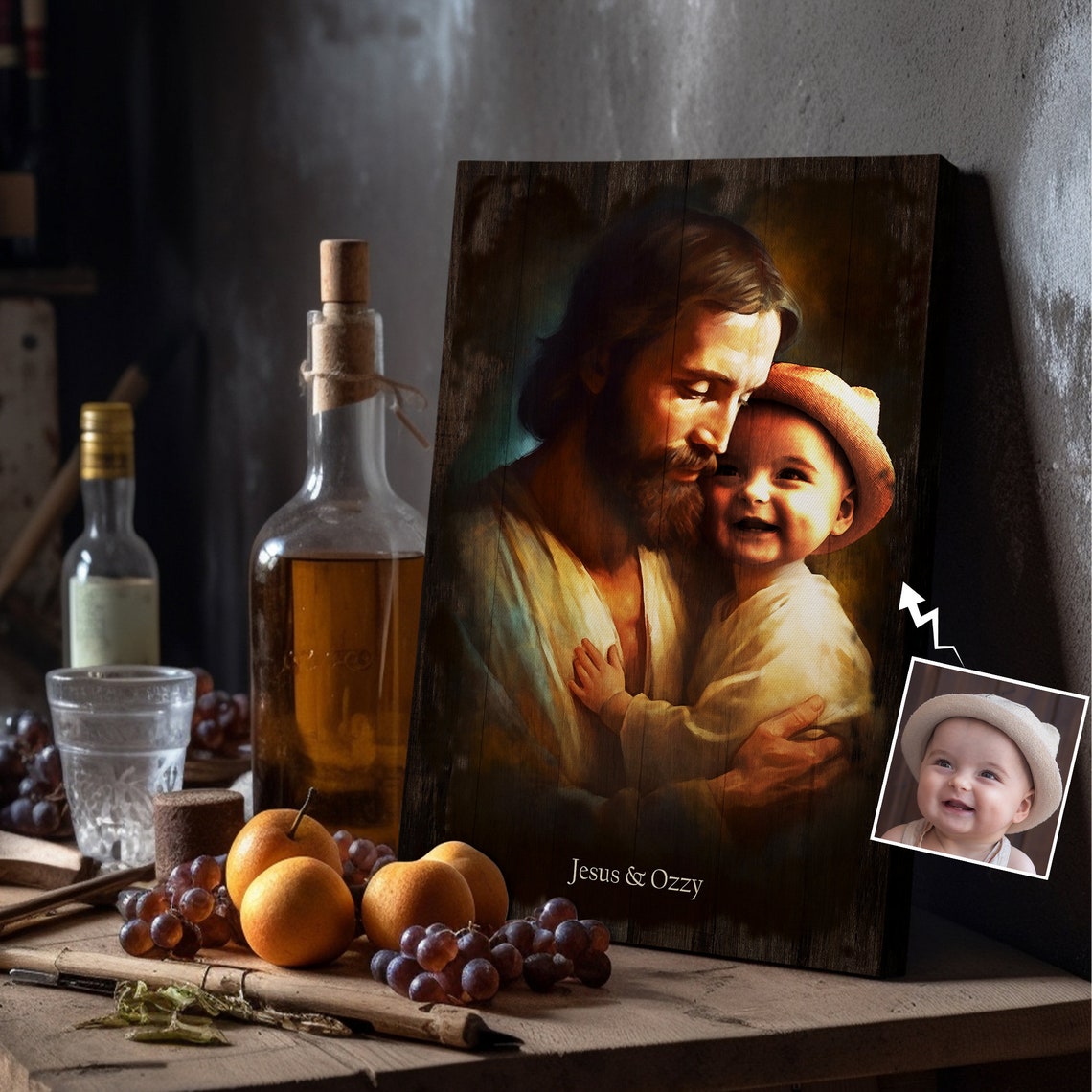 Jesus Hugging Smiling Toddler Ozzy Rustic Wood Personalized Art Poster