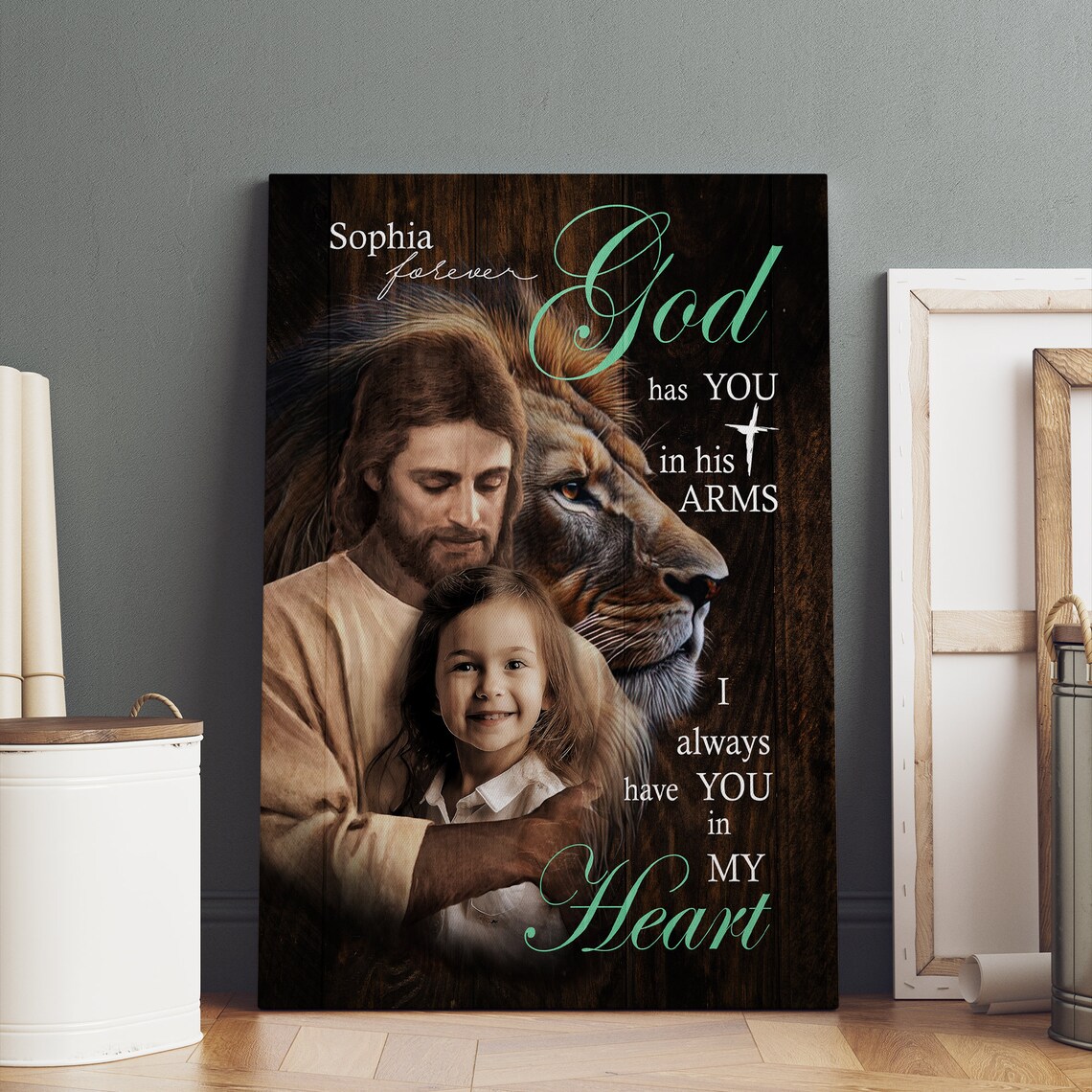 Jesus and Lion of Judah God Has You in His Arms Personalized Canvas Poster - Image 2