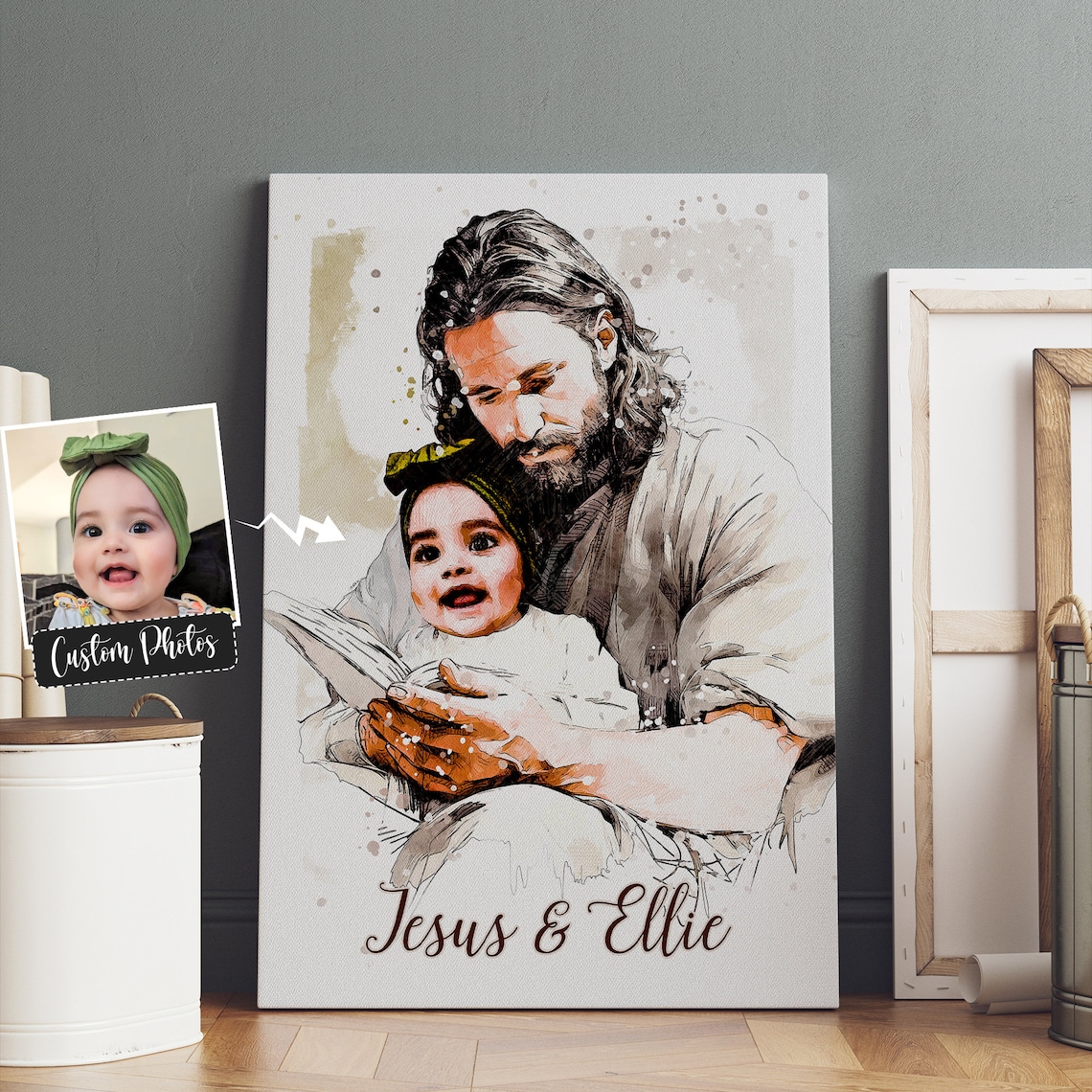 Jesus Holding Little Girl Watercolor Custom Photo Portrait Poster - Image 5