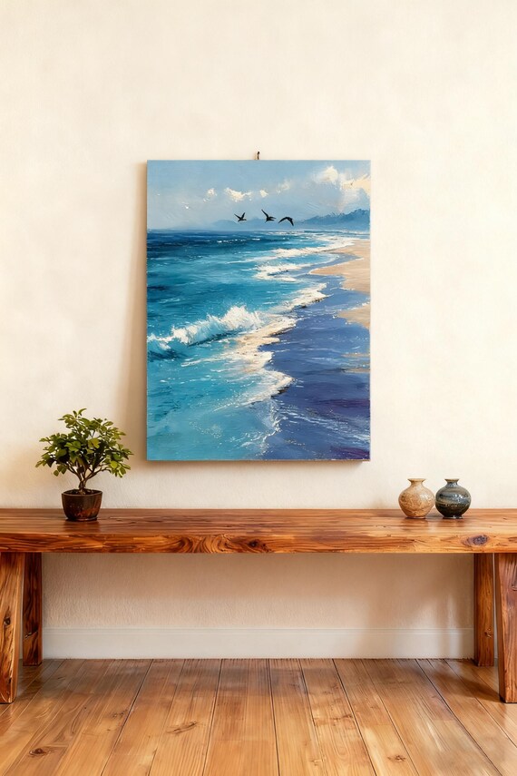 Ocean Waves Seashore Painting Blue Surf Birds Coastal Beach Poster
