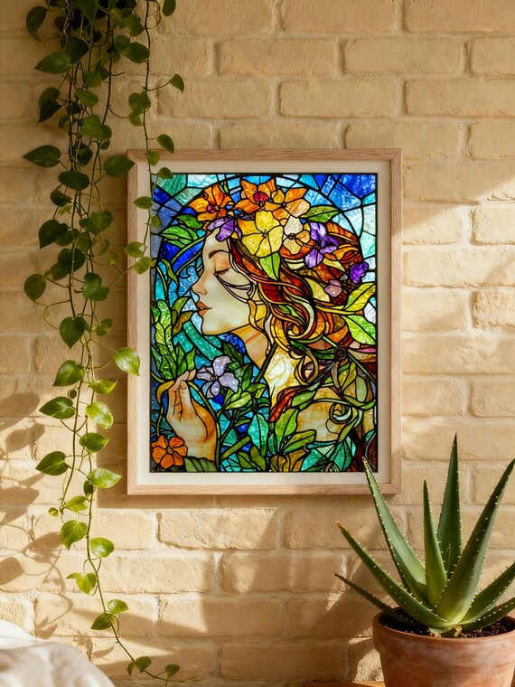 Stained Glass Woman Art Print, Floral Nouveau Boho