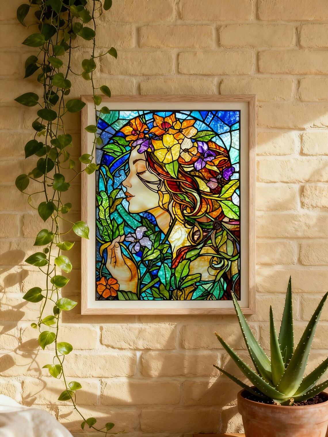 Stained Glass Woman Art Print, Floral Nouveau Boho