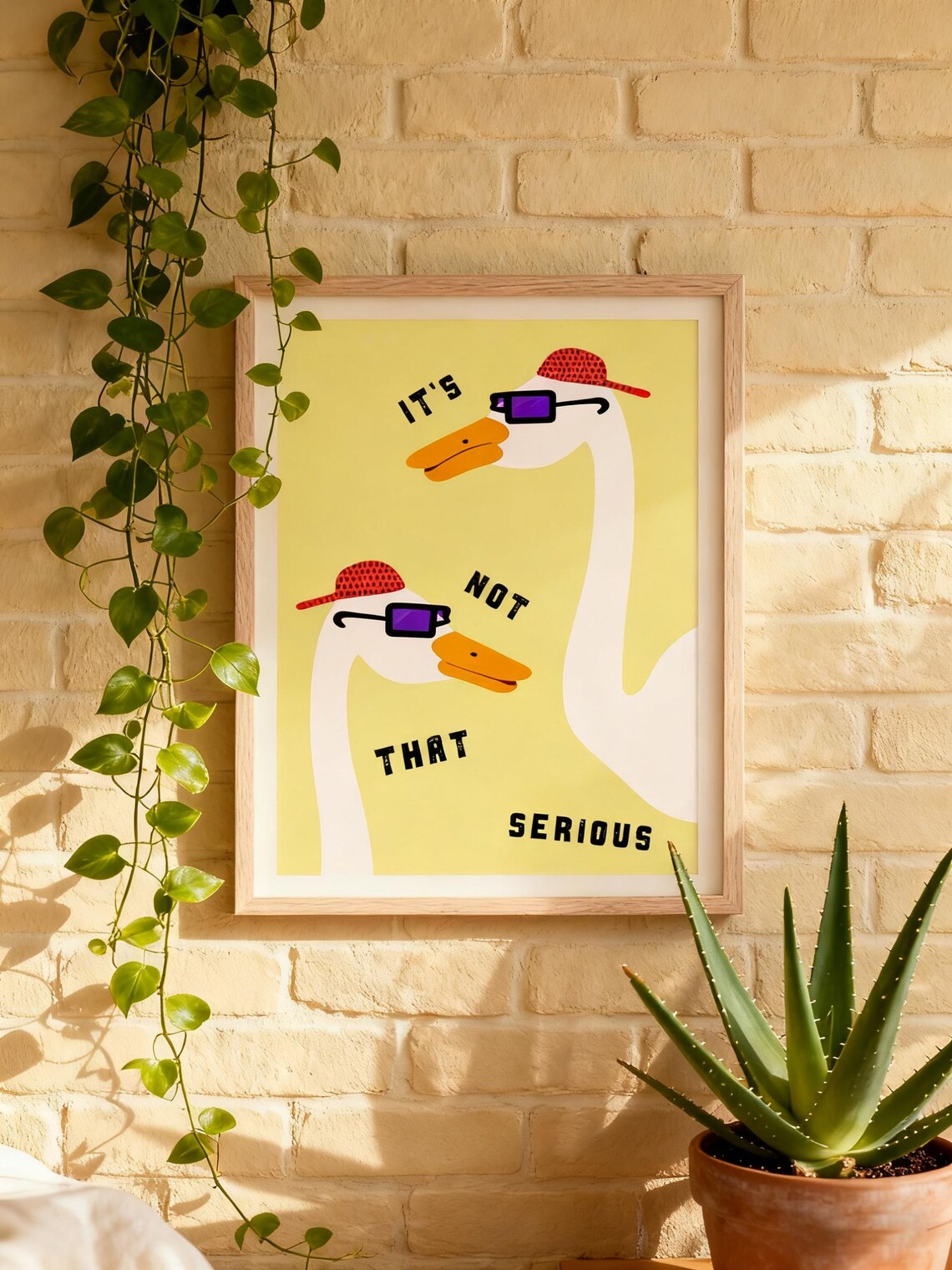 Funny Geese Wearing Sunglasses And Caps Its Not That Serious Yellow Poster
