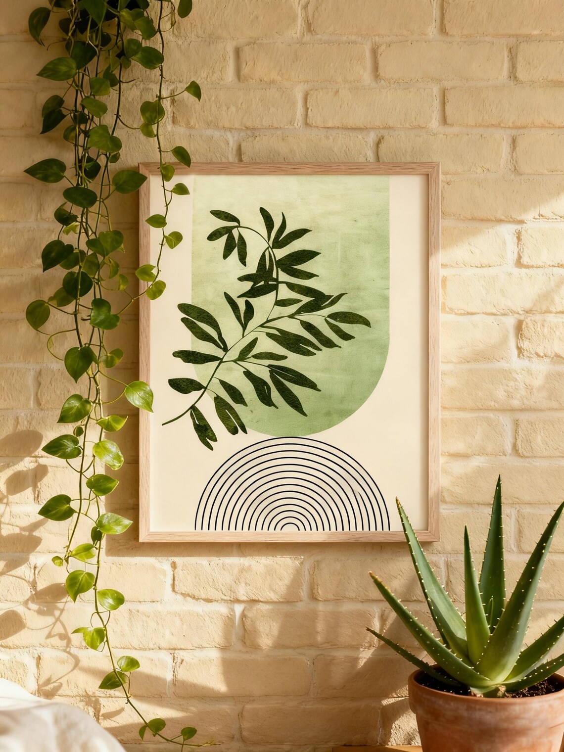 Green Botanical Leaf Branch Minimalist Sage Arch Line Abstract Art Poster