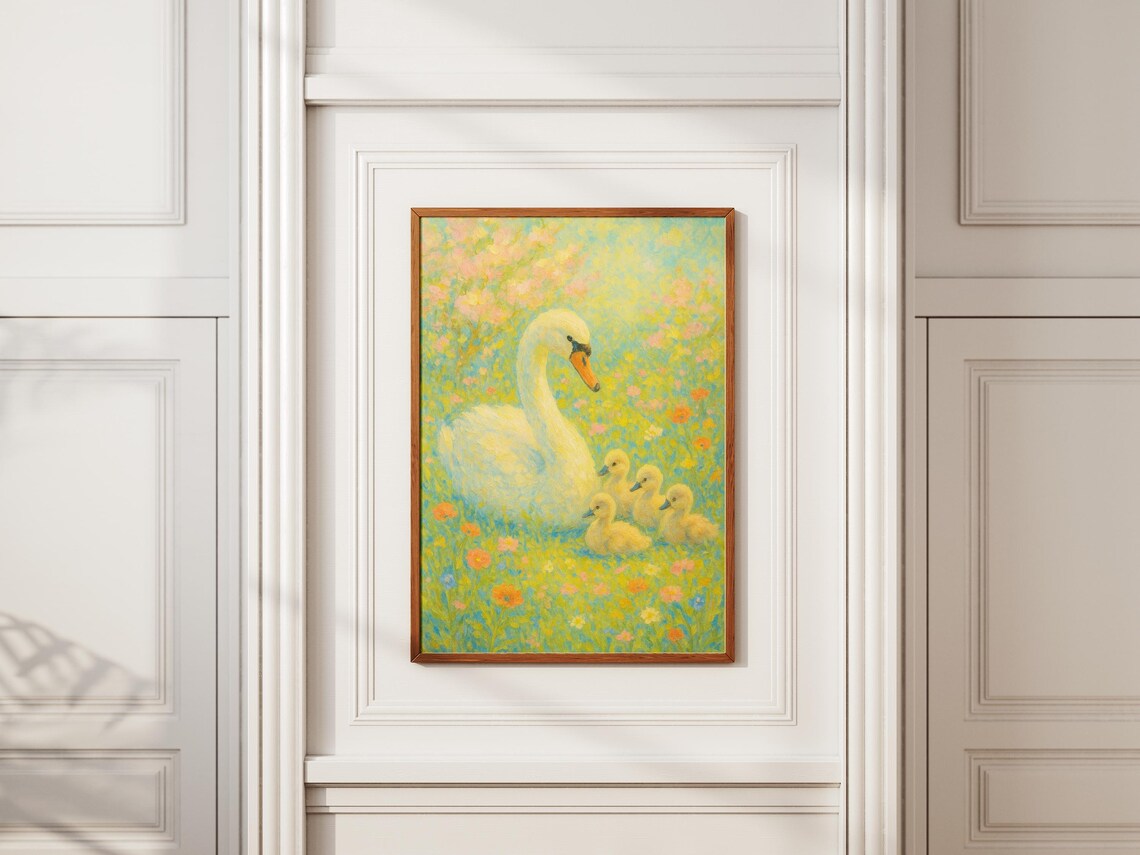 Swan Family Pastel Nursery Wall Art White Swan With Cygnets Meadow