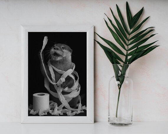 Playful Otter Tangled Toilet Paper Funny Bathroom Black White Poster