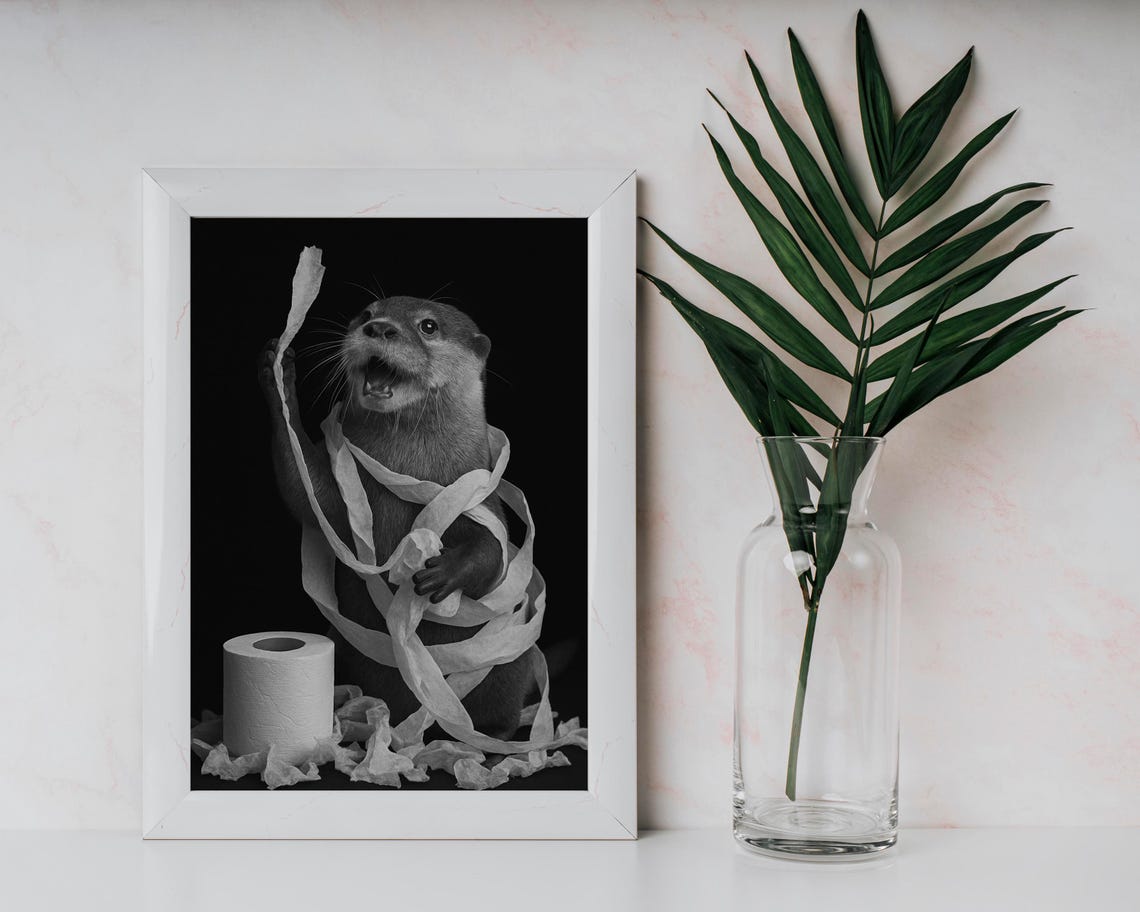 Playful Otter Tangled Toilet Paper Funny Bathroom Black White Poster