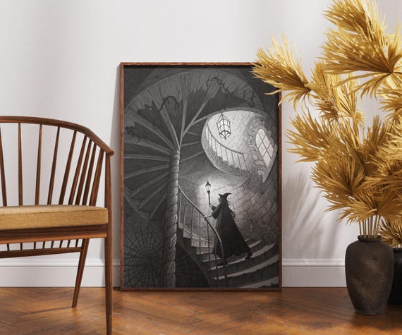Gothic Witch Art Print Dark Fantasy Illustration Black And White Decor Spooky Haunted Castle Wall