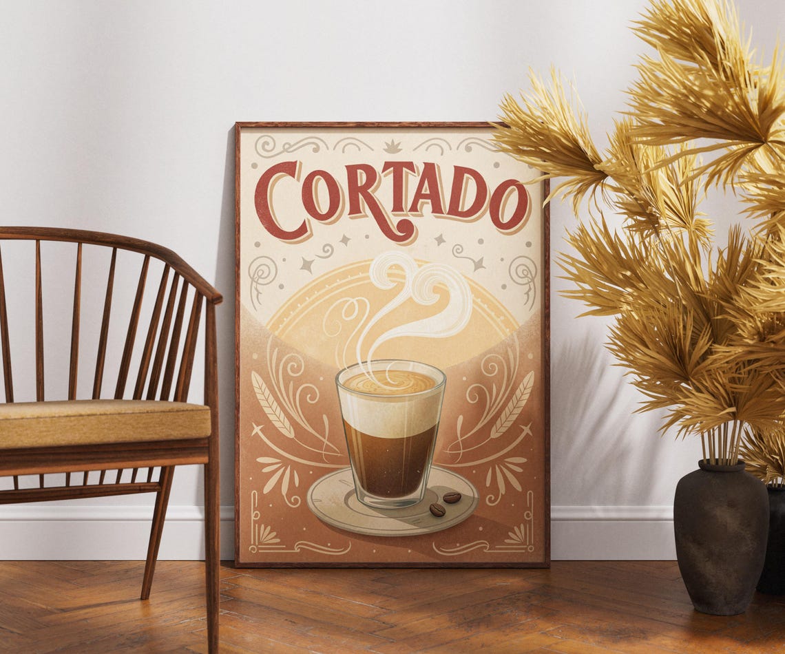 Vintage Cortado Coffee Poster Espresso Milk Cup Retro Cafe Kitchen Art