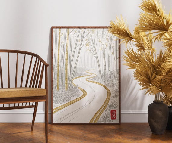 Bamboo Path Art Print Winding Trail Through Misty Forest Illustration Minimalist Japanese Nature Decor Peaceful Zen Wall Artwork